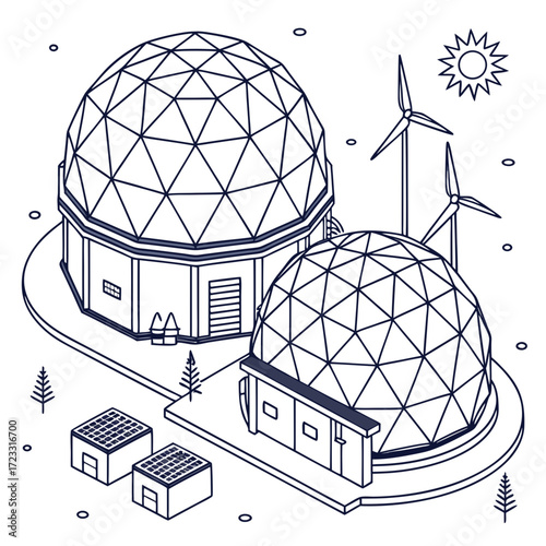 Futuristic geodesic dome structures with solar panels and wind turbines representing sustainable energy innovation
