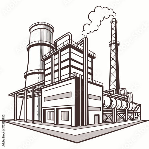 Industrial factory complex with cooling tower and smokestack emitting smoke against a white background
