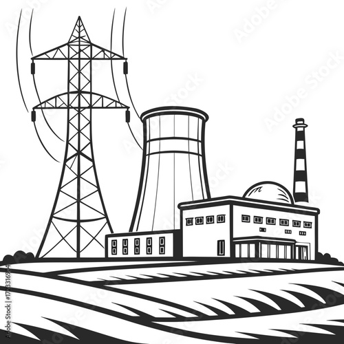 Industrial power plant with cooling tower and transmission tower generating electricity in a stylized landscape