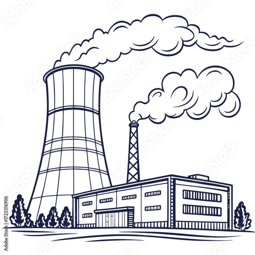 Industrial power plant with cooling tower and smokestack emitting steam and smoke against a white background