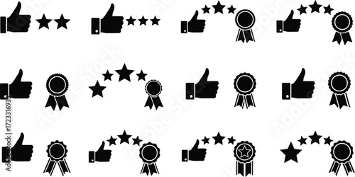 Collection of black and white icons representing ratings, reviews, and quality awards with thumbs-up, stars, and ribbons for various applications.