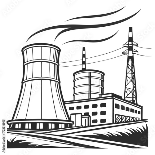 Industrial power plant with cooling tower smokestack and transmission tower emitting steam and smoke