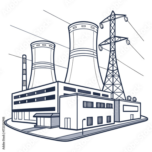 Industrial power plant with cooling towers and electricity transmission tower against a white background