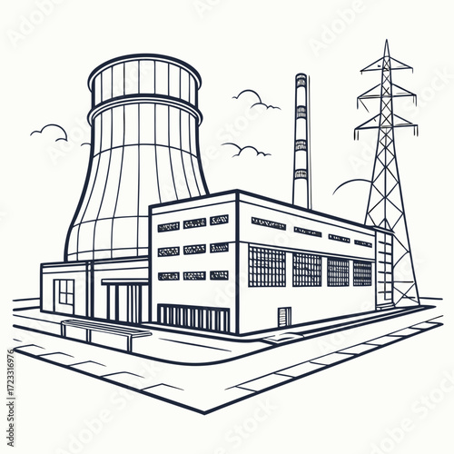 Industrial power plant with cooling tower smokestack and high voltage electricity pylon on a clean background