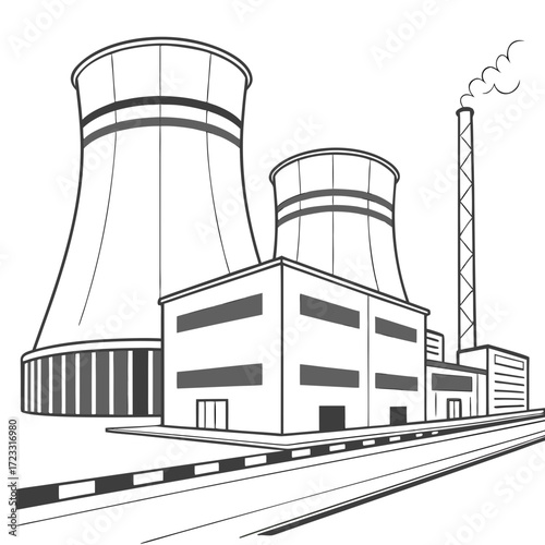 Industrial power plant with cooling towers and smokestack emitting smoke against a white background
