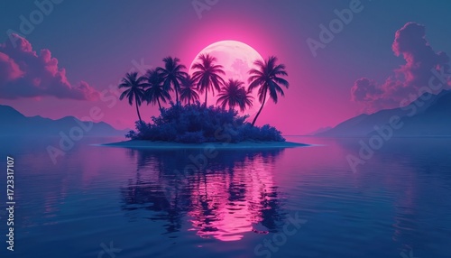 Tropical island paradise with palm trees. Calm water reflects pink sunset sky. Vacation, travel destination, serene coastal seascape. Exotic nature background with coastline scenery, mountains at