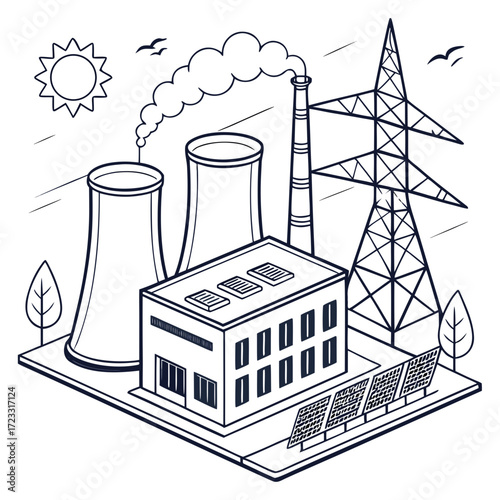 Industrial power plant with cooling towers smokestack solar panels and transmission tower under a sunny sky