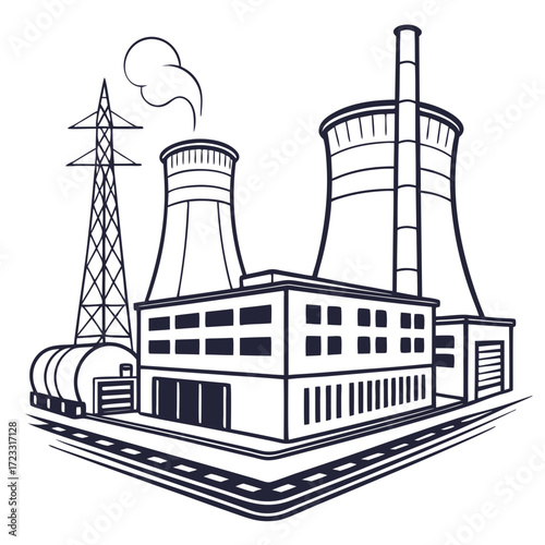 Industrial power plant with cooling towers smokestack and transmission tower against a white background