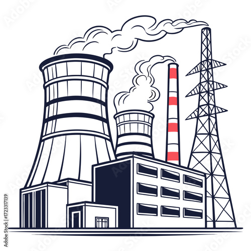 Industrial power plant with cooling towers smokestacks and electricity pylon emitting smoke against white background