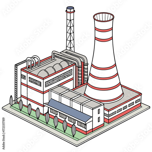 Isometric illustration of a modern industrial power plant with cooling tower and smokestack against white background