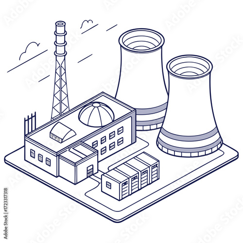 Isometric illustration of a stylized industrial power plant with cooling towers and a smokestack against a simple sky background