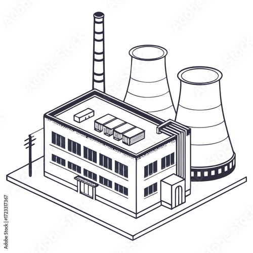 Isometric line art illustration of a modern industrial factory building with cooling towers and a smokestack