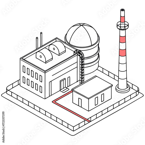 Isometric line art illustration of a modern industrial factory complex with a tall smokestack and storage tanks