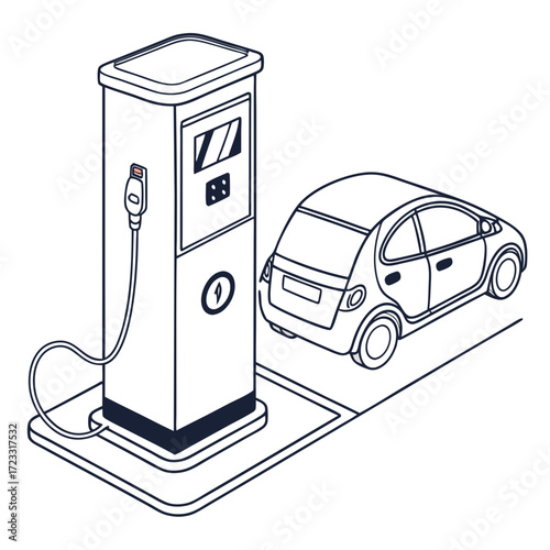 Modern electric car parked next to a charging station with a connected cable ready for refueling