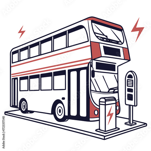 Modern electric double decker bus charging at a station with lightning bolts symbolizing power and sustainability