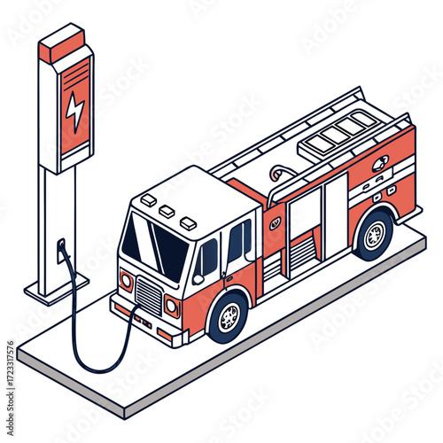 Modern electric fire truck charging at a station with a lightning bolt symbol on a clean isometric background