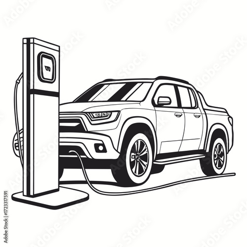 Modern electric pickup truck connected to a charging station for sustainable energy refueling