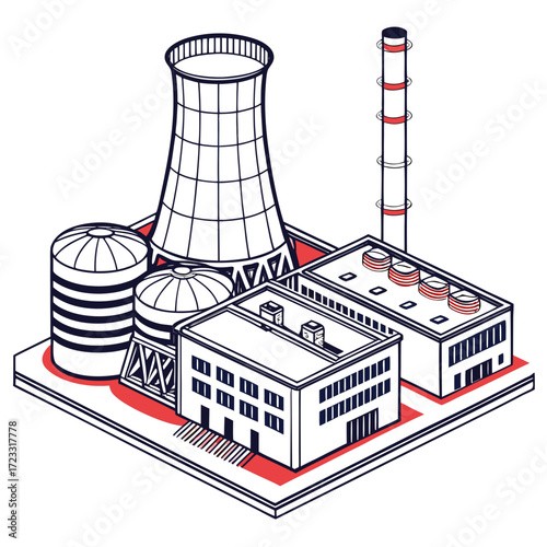 Modern industrial power plant complex with cooling tower and smokestack in isometric view