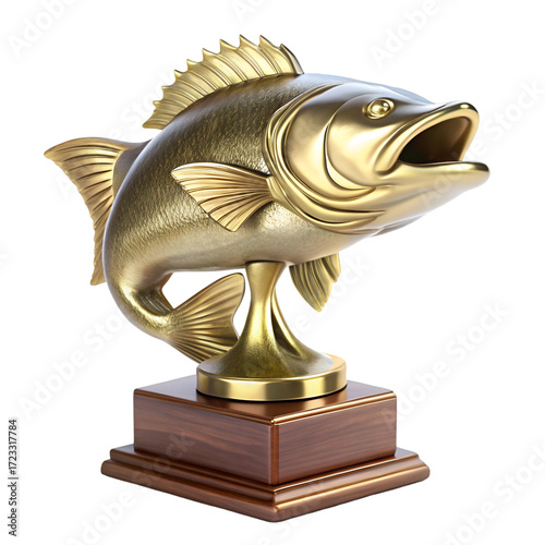 Golden Bass Fish Trophy on Wooden Base with Black Background Keywords: trophy, award, winner