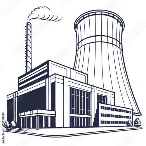 Stylized illustration of a modern industrial power plant with a cooling tower and smokestack emitting steam