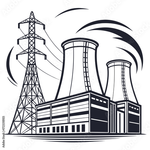 Stylized illustration of a power plant with cooling towers and a transmission tower conveying energy