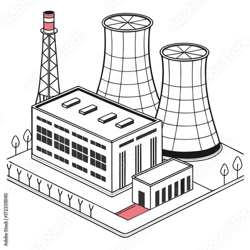 Stylized isometric illustration of a power plant with cooling towers and a smokestack on a white background