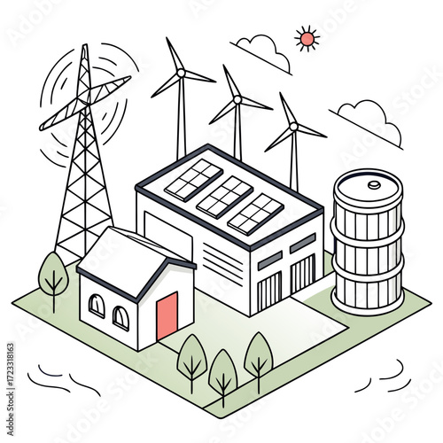 Sustainable energy sources powering a modern industrial complex and residential area with wind turbines and solar panels