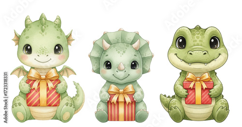 Photos Set  of friendly green dragon, triceratops baby, and little alligator, each holding a wrapped gift