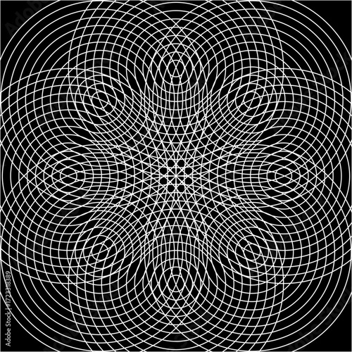 Concentric circles intertwine, forming a luminous flower of symmetry, radiating balance, harmony, and energy, like rippling waves frozen in perpetual motion.