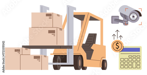 Forklift lifting boxes, a security camera, upward arrows, dollar sign, and a calculator representing logistics, warehouse operations, cost management, security, monitoring and finance in a simple