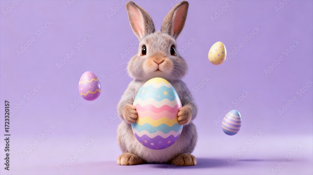 Fototapeta premium Cute 3D Bunny Holding Large Striped Easter Egg on Purple