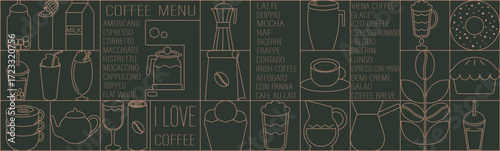 Geometric seamless coffee pattern, coffee shop elements and icons, coffee cup, coffee machine, coffee beans, types of coffee