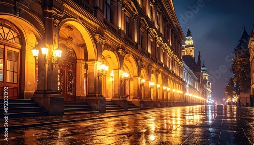 Nighttime Facade Of Grand Building With Illuminated Windows And Wet Street Reflecting Light