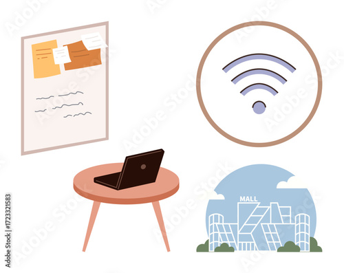 Laptop on round table, wireless network icon, bulletin board with notes, and modern shopping mall. Ideal for remote work, communication, productivity, technology, urban life organization