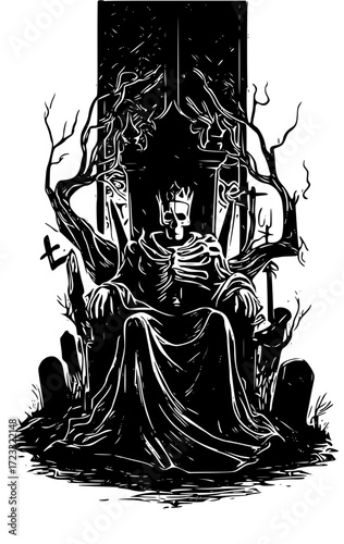 Creepy skeleton king sitting on a throne