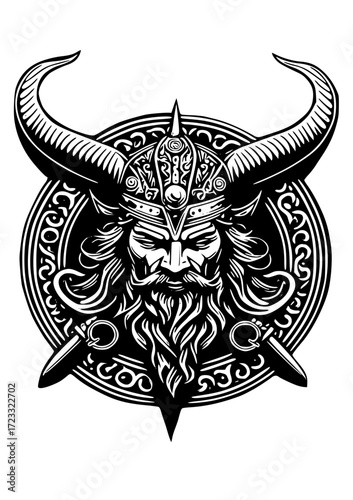 Fierce viking warrior with horned helmet