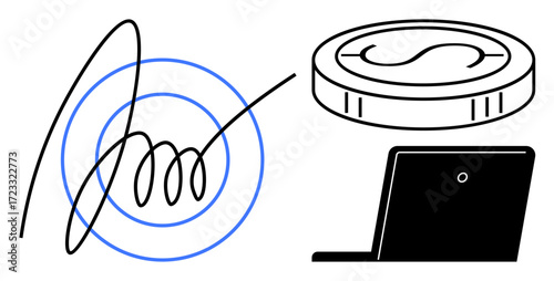Curved digital signature with target, coin with currency symbol, and laptop. Ideal for finance, technology, e-signature, communication, digital payment remote work online agreement. Simple flat