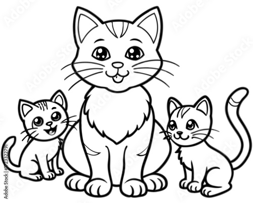 Adorable Mother Cat with Two Kittens Coloring Page Illustration on white background