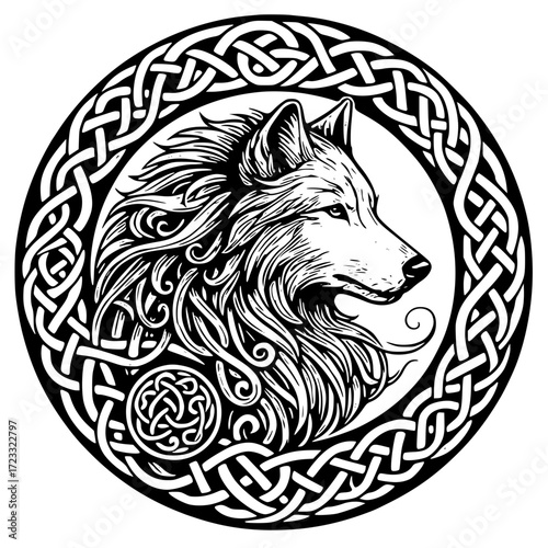 Wolf head in celtic knot circle