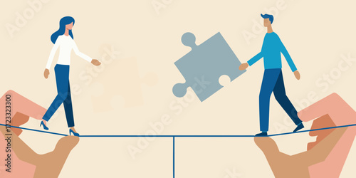 Teamwork and collaboration as people walk a tightrope holding puzzle pieces towards a solution