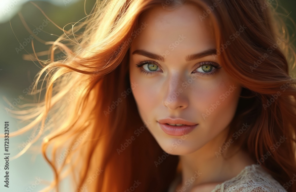 Fototapeta premium Close-up portrait of red-haired green-eyed young woman. Natural light showcases her striking features and long hair. Beauty shot reflects healthy lifestyle, youthfulness and modern fashion.