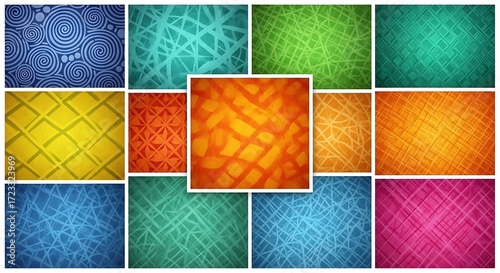 Vibrant collage set of colorful abstract textured backgrounds and patterns.