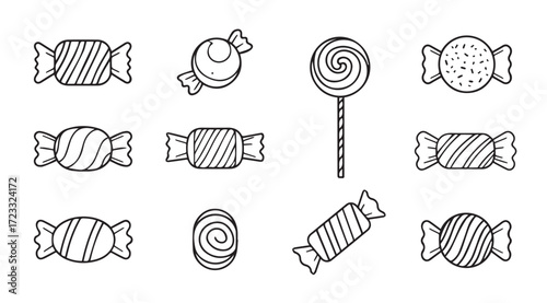 Collection of hand drawn candy and lollipop icons in silhouette