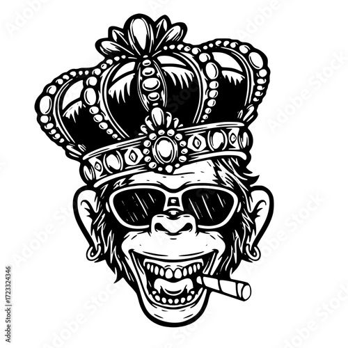 Cool monkey with crown and cigar in monochrome style