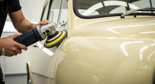Professional detailer polishing a yellow vintage car with an orbital buffer in a clean garage