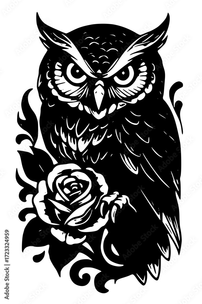 Obraz premium Detailed owl illustration with a rose