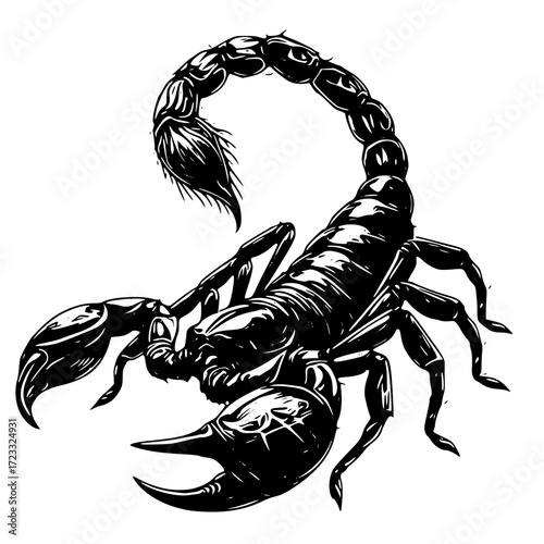 Detailed black and white illustration of a scorpion