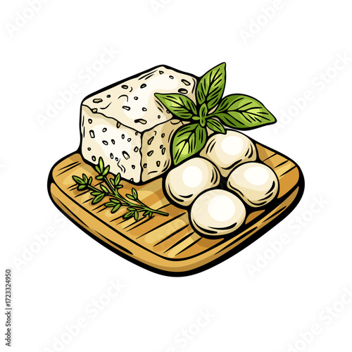 Cheese board with herbs in Mediterranean engraving style