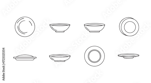 Collection of various ceramic plates and bowls in a simple silhouette style