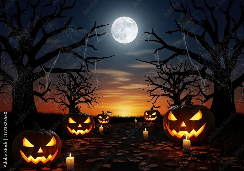Fototapeta premium Spooky Halloween night with carved pumpkins and full moon jack-o-lanterns